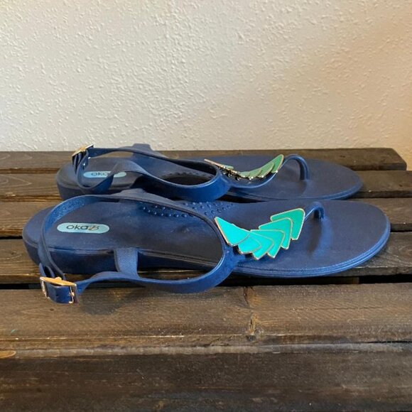 OKA-B Women's Navy Blue Triangle Accent T-Strap Thong Rubber Sandals Size 10 - Picture 2 of 6